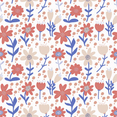 Seamless floral pattern in doodle style with flowers and leaves. Texture for wallpaper, fabric, wrapping paper.