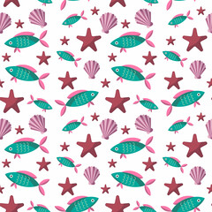 Seamless pattern with fish, shells and starfish