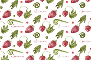 Summer strawberries seamless pattern. Watercolor illustration with berries and leaves