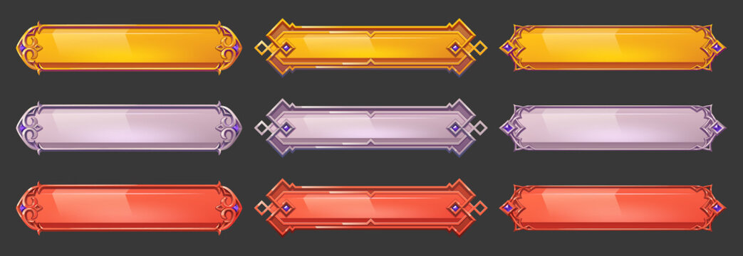 Medieval game menu frames, ui elements, buttons, gold, silver and red banners with ornate rims. Empty royal gui bars for rpg or arcade, borders, web design interface Cartoon 2d vector illustration set
