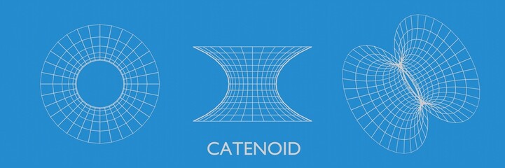 Three catenoid figures on a blue background. Three-dimensional surfaces in mathematics. 3d illustration - obrazy, fototapety, plakaty