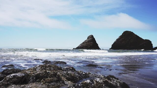 Ocean waves, landscape beach rocks