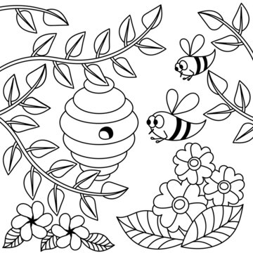 Doodle Honey beekeeping, apiculture coloring book page. Cartoon Bee, flowers, hive . Hand drawn vector illustration.