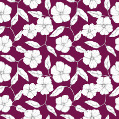 Graphic flowers and leaves seamless pattern on purple background. Hand drawn monochrome black and white vintage botanical print. Floral design element, decoration, background.