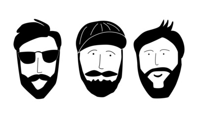 Set. Fashionable, modern bearded men, hipsters with different haircuts and beards. Silhouettes, emblems, badges, labels. Vector illustration in doodle style.
