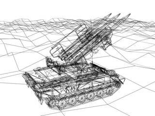 battle tank on sand wire frame ,3d rendering