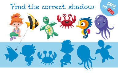 Fototapeta premium Find correct shadow. Cute animal characters. Educational game for children. Activity, vector illustration.