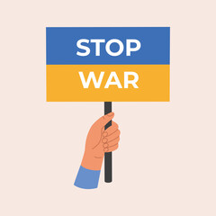 Hand holding Ukraine flag. Stop war. International protest. Hand drawn vector illustration isolated on light background. Flat cartoon style.