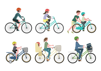ヘルメットをつけて自転車をこぐ人々のイラストセット