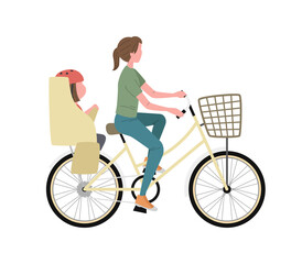 子供乗せ自転車に乗る女性と女の子のイラスト