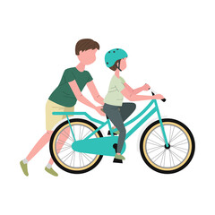 自転車の練習をする男の子と男性のイラスト