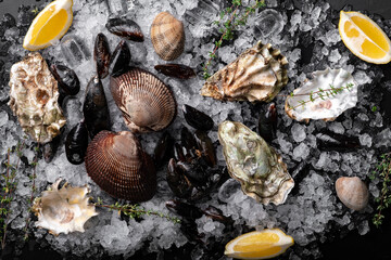 Raw Clams vongole shells, mussels, oysters and lemon with ice on black slate. Fresh shellfish for cooking with seasonings on the table, close up