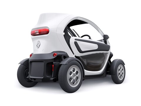 Paris, France. January 30, 2022: Renault Twizy ZE 2015: White Super compact electric city car for two passengers. 3D illustration