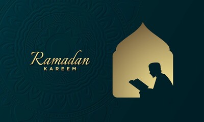 Ramadan Kareem Vector Background. The silhouette of a Moslim reading the Qur'an.