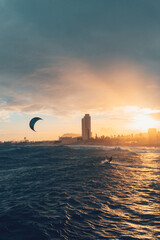 sunset on the sea in spain kitesurfing