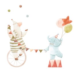 Beautiful composition with cute watercolor hand drawn circus animals. Sheep juggle on unicycle, baby elephant with air balloons. Stock illustration. © Zenina-Lembrik