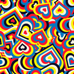 Cheerful bright pattern with colored hearts for modern fabric design or packaging. Nested hearts of evenly decreasing shape scattered over the entire surface. Seamless repeating background.