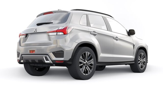 Tokyo. Japan. April 6, 2022. Mitsubishi ASX 2020. Gray compact urban SUV on a white uniform background with a blank body for your design. 3d illustration.