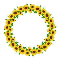 Yellow sunflower wreath with green leaves. Round frame, cute bright flowers with dark hearts. Festive decorations for wedding, holiday, postcard, poster and design. Vector flat illustration