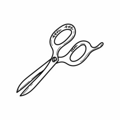 Scissors with decorative patterns, hand-drawn in sketch style. Cut fabric, sewing. Needlework. Handmade. Vector simple illustration.