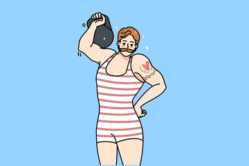 Male circus powerlifter with tattoo wear tricot lift dumbbell show power. Strongman or weightlifter perform stunt with barbell. Powerlifting performance, sport concept. Vector illustration. - obrazy, fototapety, plakaty