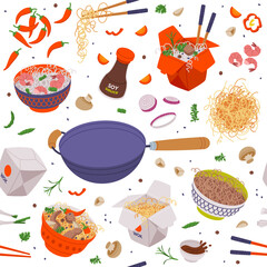 Wok Ingredients and Asian Food for Stir Frying with Noodles, Soy Sauce and Chopsticks Vector Seamless Pattern Design