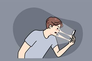 Young guy connected sealed to smartphone suffer from technology addiction problem. Man addicted to cellphone and social media, tied to online communication. Flat vector illustration.  - obrazy, fototapety, plakaty