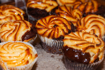 Baked small cupcakes in paper cups.