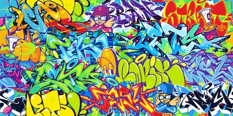 Flat Seamless Colorful Modern Abstract Urban Style Hiphop Graffiti Street Art Pattern. Vector Illustration Background Template - obrazy, fototapety, plakaty