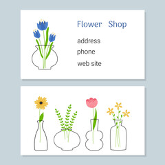 Flower shop business card. Line art doodle vases with colorful flowers