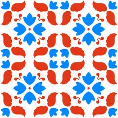 Maiolica, Vietri, Spain, Sicilian, Italian, Mediterranean traditional seamless pattern. Ceramics majolica tile ornament. Blue red orange white tile repeat print.