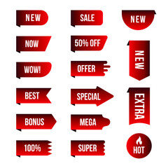Red promo stickers for web banners, product packaging design, promotional advertising, online store. Realistic tags collection, big set of ribbons and badges for your business and shopping