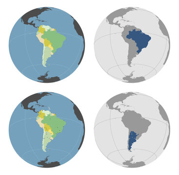 Round Globe Vector Map with South American Countries (plus some Caribbean) highlighted and Major Cities optionally mapped (see top and bottom). Any country combinations could be highlighted.