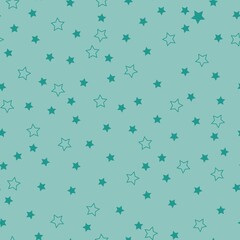 Simple seamless pattern of stars. Light blue background, turquoise stars. Fashionable print for wallpaper, textiles, and packaging.
