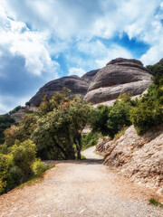 Montserrat Mountain in Catalonia Spain . Multi-peaked mountain range near Barcelona