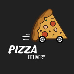 Pizza delivery. Pizza with wheels on a black background. A slice of pizza with tomatoes, olives, mushrooms. A symbol of fast food delivery.