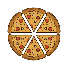 Pizza with mushrooms, tomatoes and olives isolated on white background. Vector illustration.