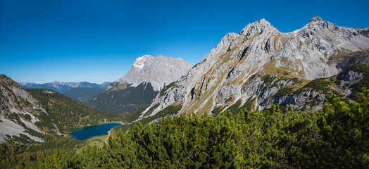 tirolean landscape Mieminger alps, with view to lake Seebensee and Zugspitze mountain.