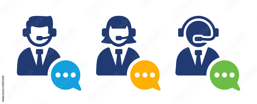 Poster Customer support operator with headset icon set. Support service vector illustration.