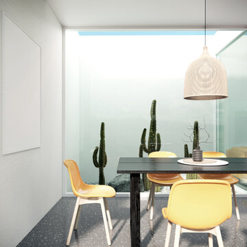 Modern beach villa. white room with furniture background 3d render. The Rooms have dining table and cactus garden.