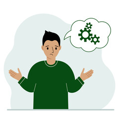 Sad man thinks, dreams with gears concept. Man or businessman thinking about solving a problem. A balloon with the image of three gears