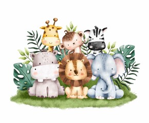 Watercolor Illustration Safari Animals Illustration  - obrazy, fototapety, plakaty