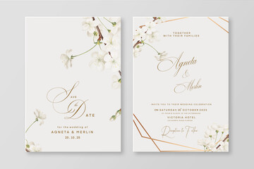 Elegant Wedding Invitation Template with White Cherry Blossom - obrazy, fototapety, plakaty
