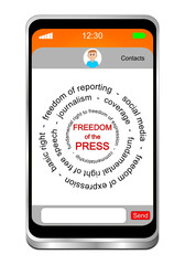 Smartphone with Freedom of the Press wordcloud - 3D illustration