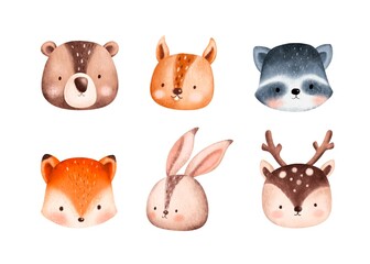 Set of Cute Woodland Animals Head Illustration 