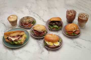 breakfast sandwich bagel coffee 