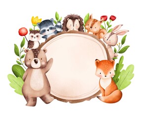 Watercolor Illustration Woodland Animal Frame 