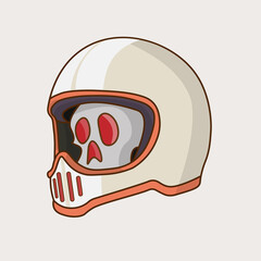 Illustration vector of skull wearing strip racing beige retro helmet, motor cycle skeleton head logo	