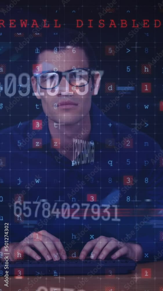 Wall mural animation of computer writings, numbers and caucasian male programmer on black background
