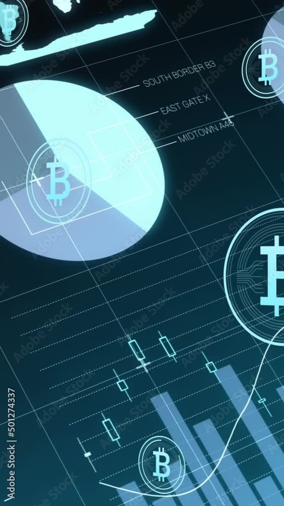 Wall mural animation of data processing over bitcoin symbols